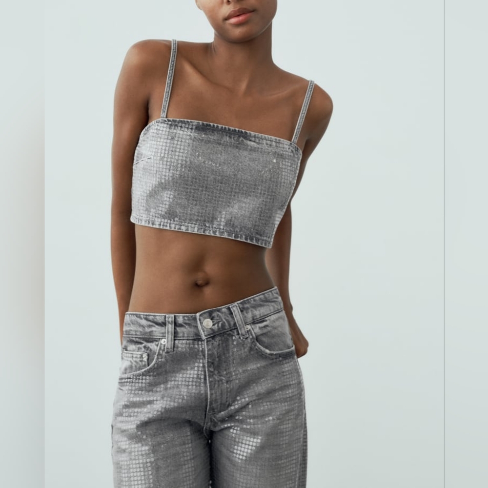 ZARA DENIM CROP FOIL SEQUIN TOP